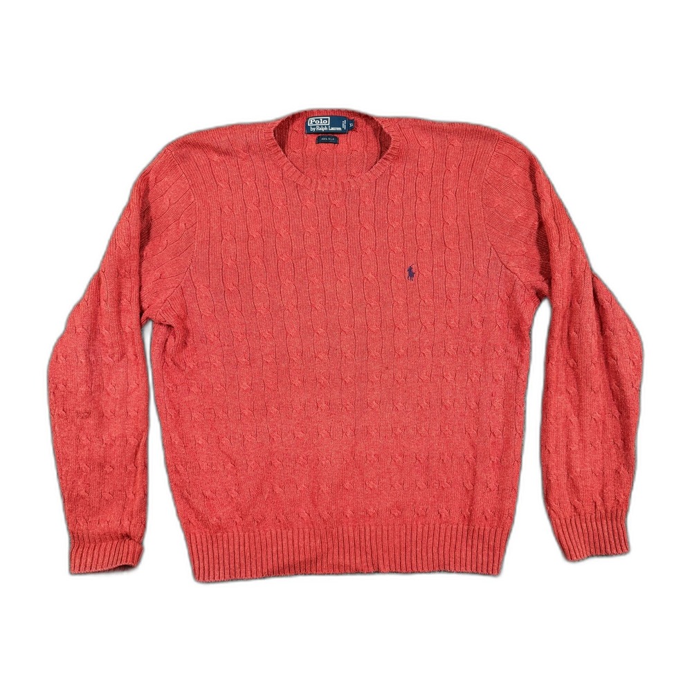 Polo Ralph Lauren Mens XL 100% Silk Cable Knit Crew Neck Sweater Red Salmon